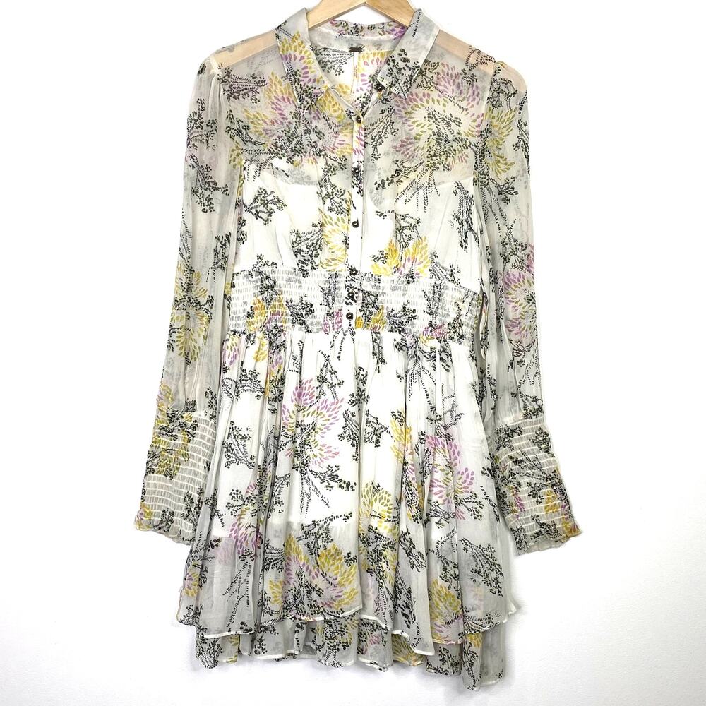 Free People Floral Peasant Dress Womens S Ivory Sheer Tiered Ruffles Boho Flowy